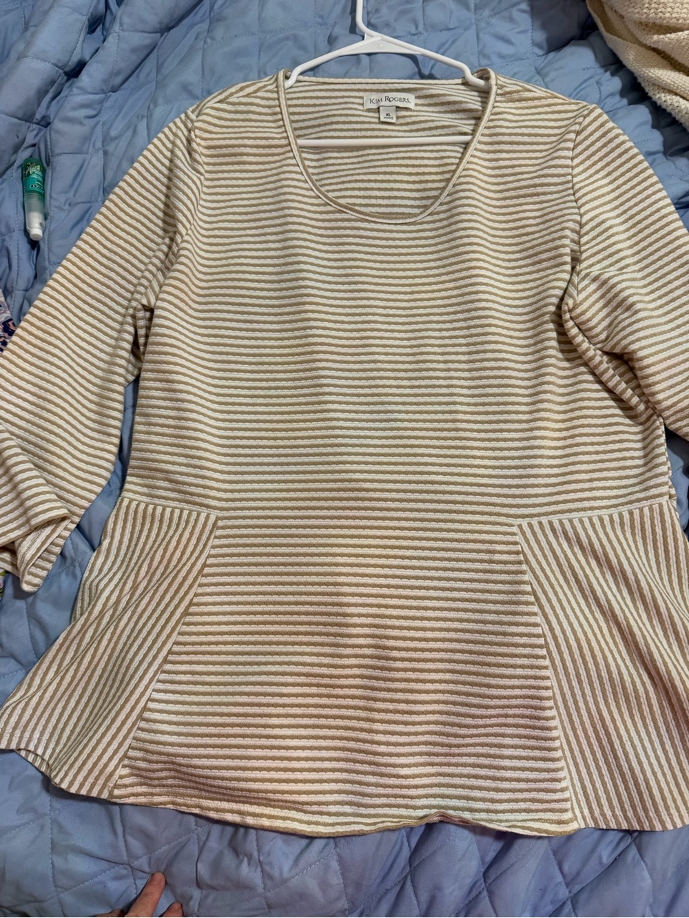 Kim Rogers Cream & Tan Striped Peplum Scoop Neck Top